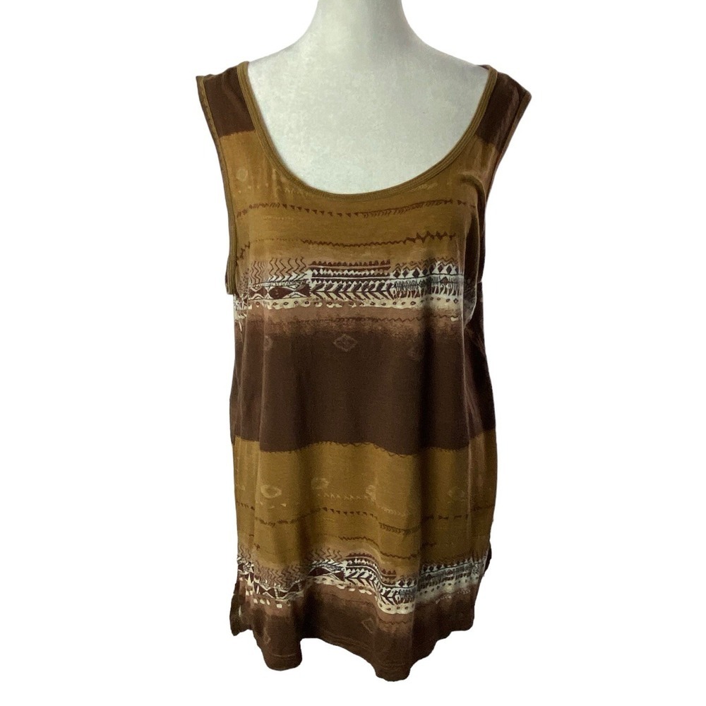 CHICOS Women Aztec Print Striped Sleeveless Tank Top Sz 2/L Brown Casual 3-36